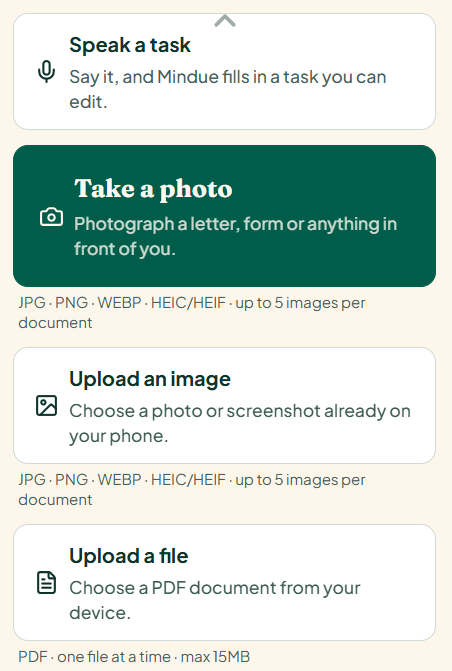 Take a photo, upload an image or upload a PDF file.