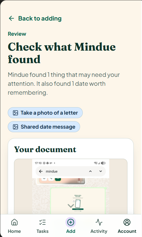 Check what Mindue found lists possible tasks and dates, with their sources.
