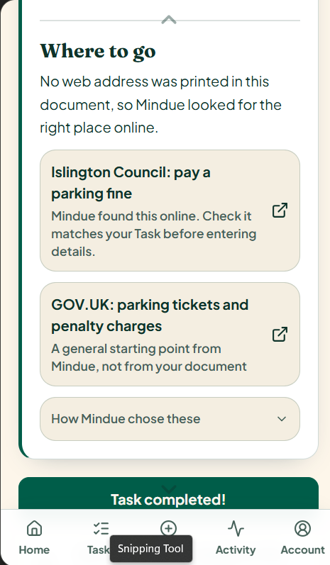A relevant council link offers a starting point, with a reminder to check it matches the task before entering details.