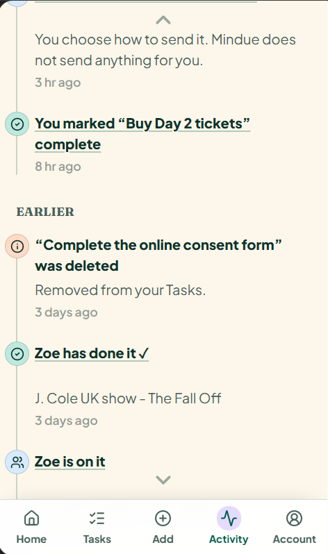 Concert activity shows separate replies saying a recipient has done it or is on it.