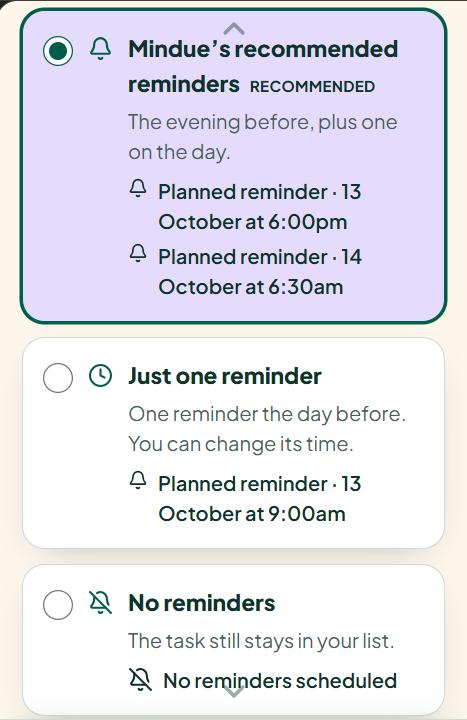 Mindue’s recommended reminders include the evening before and the morning of the task.