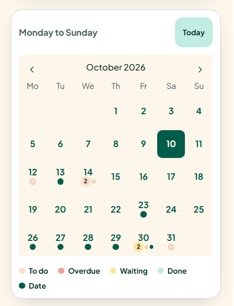 The month calendar uses coloured dots for to do, overdue, waiting, done and dates.
