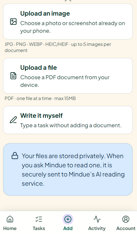 The Write it myself option lets you type a task without adding a document.