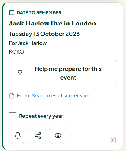 A saved event date has a Help me prepare for this event button.