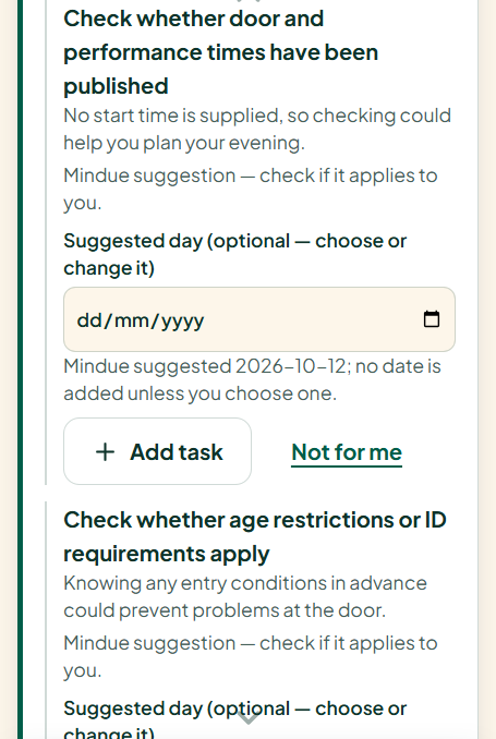 Mindue suggests checking event door and performance times. Choose an optional day, Add task, or select Not for me.
