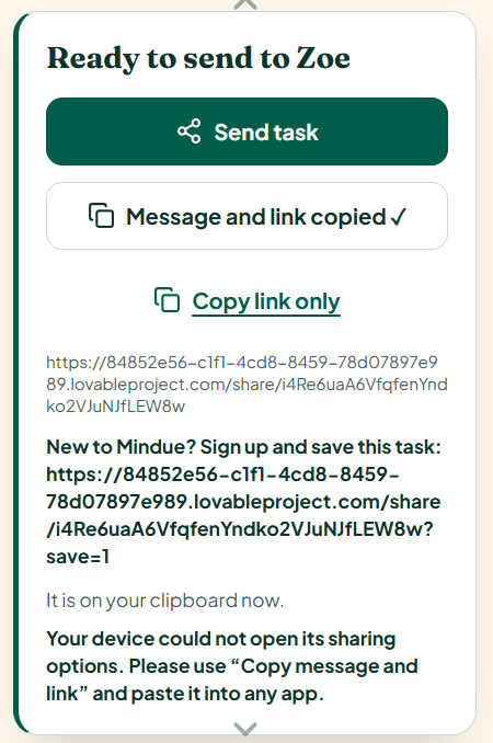 Ready to send offers Send task, Message and link copied and Copy link only controls.